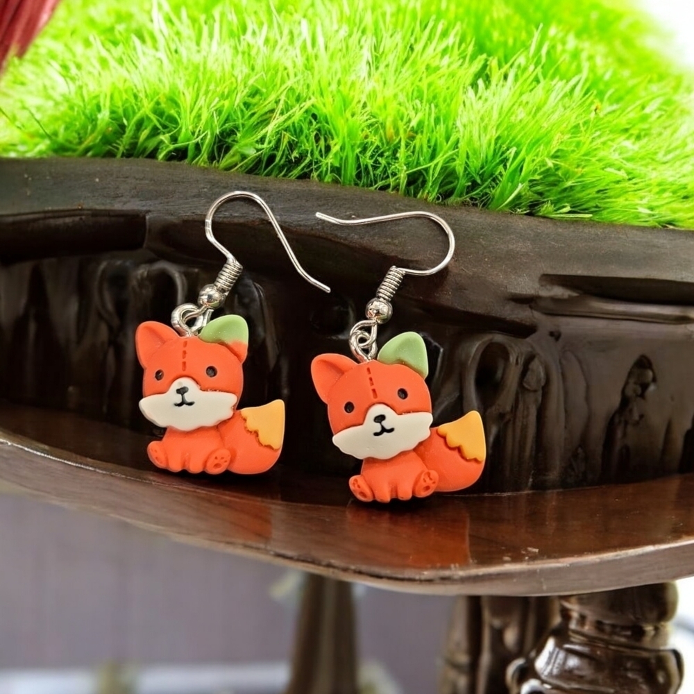 Orange and Green Fox Earrings Whimsical Jewelry